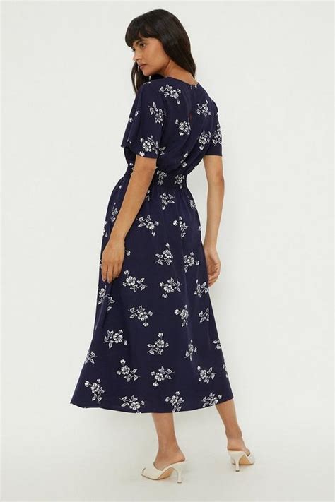 Dresses Navy Floral Flutter Sleeve Midi Dress Dorothy Perkins