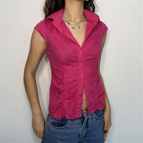 Y K Vintage Hot Pink Button Up Top Cute Short Depop