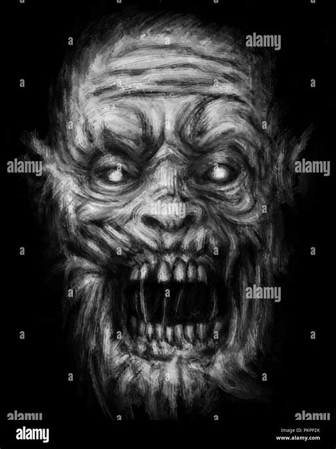 Scary zombie face on black background. Illustration in horror genre. Drawing monster character ...