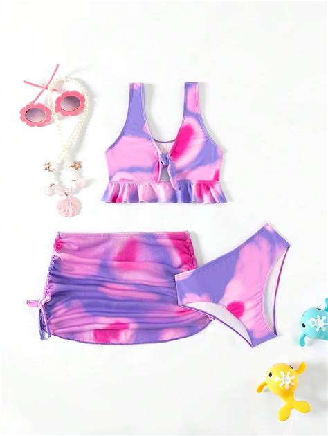 Tween Girl Tie Dye Ruffle Hem Bikini Swimsuit With Beach Skirt Shein Usa