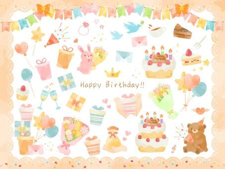 ほのぼのとした誕生日の手描きラインセットイラスト - No: 24135661／無料イラスト/フリー素材なら「イラストAC」