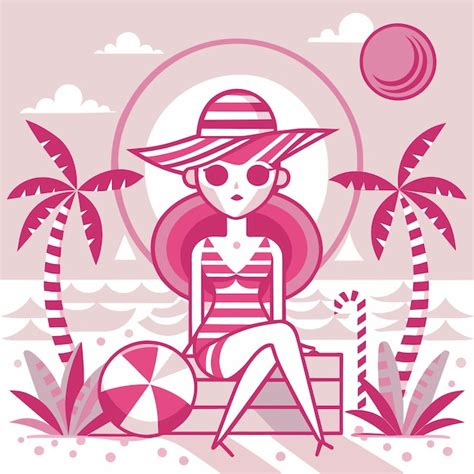 Mujer en bikini chica de verano en vacaciones traje de baño de playa vacaciones dibujado a mano