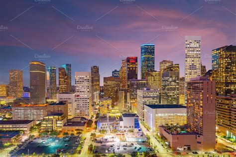 downtown houston skyline  texas  high quality architecture stock  creative market