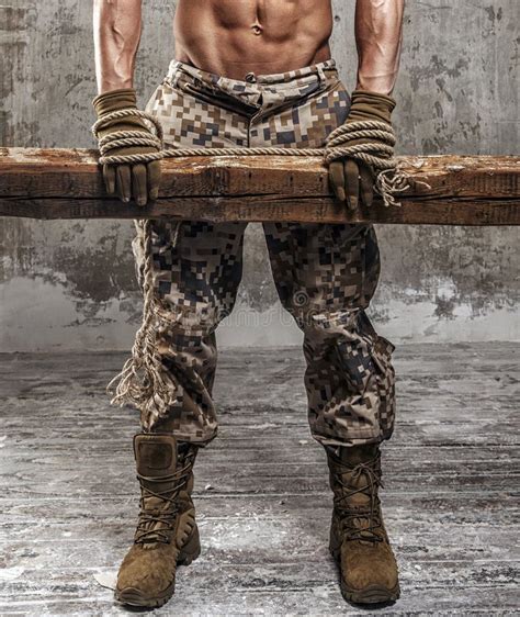 Strong Athletic Man With Naked Body In Military Pants Stock Image Image Of Body Portrait