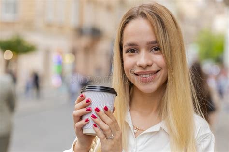 Happy Woman Girl Enjoying Drinking Morning Coffee Hot Drink Relaxing Taking A Break In City