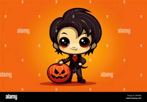 Happy Halloween Vector Cute Illustration Of Vampire With Pumpkin On