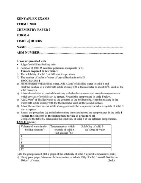 Chemistry Paper 3 Form 4 End Of Term 1 Examination 2020 700