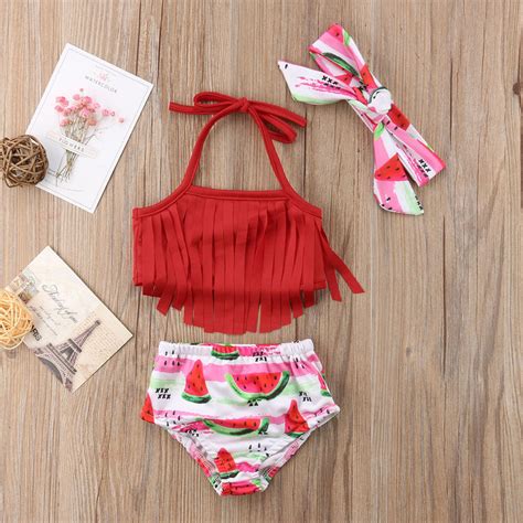 3 Pieces Watermelon Print Tassel Bikini Swimsuit F Vicedeal