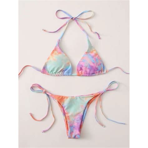 Tie Dye Rainbow Bikini Women Micro Swimsuit Lace Up Bandage Two Piece Bathing Suits Thong
