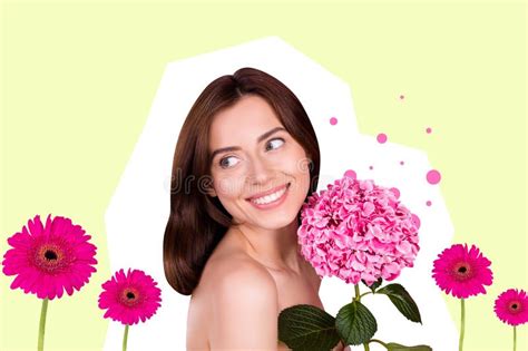 Collage 3d Image Of Pop Retro Sketch Of Lovely Nude Lady Hold Pink Flowers International Woman