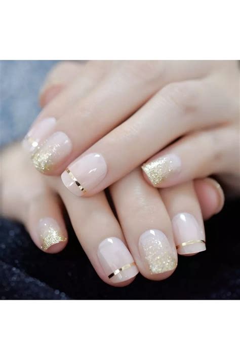 EDA LUXURY BEAUTY 24 lü Nude Altın Simli French Takma Tırnak Lüks Doğal Desenli Kısa Kare