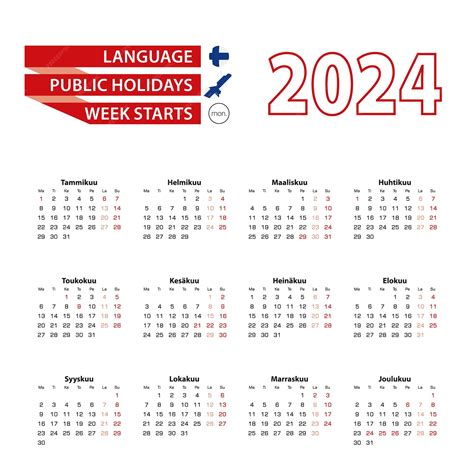 Premium Vector | Calendar 2024 in finnish language with public holidays