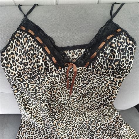 Unknown Intimates Sleepwear Leopard Print Baby Doll Dress Lingerie W Lace Trim Brown Black