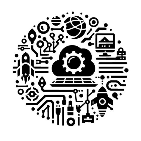 black  white circular tech illustration featuring cloud computing