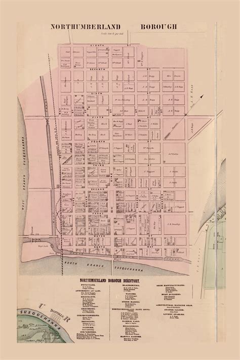 Northumberland Borough 1858 Old Town Map With Homeowner Names Pennsylvania Reprint Genealogy