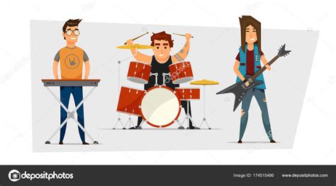 Rock Band With Man Playing Guitar Drummer Playing Keyboard Isolated