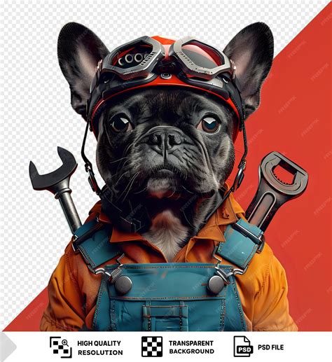Premium PSD | Transparent handyman french bulldog dog worker with helmet and plumber wrench in