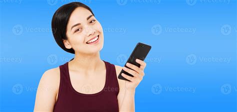 Happy Brunette Chinese Girl Woman Isolated On Blue Background Mock Up Stock Photo At