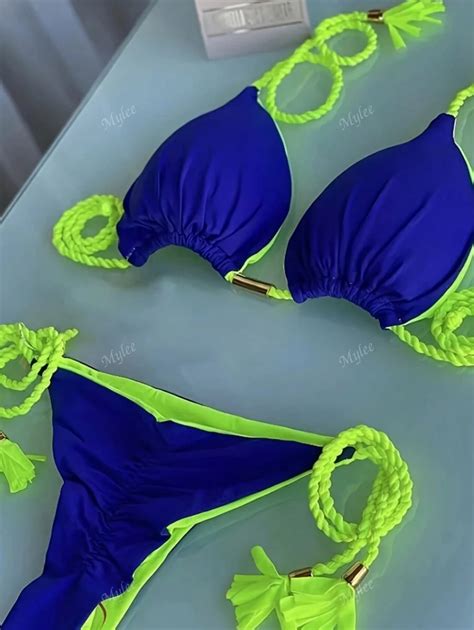 2 Peças Maiô Bikini Sexy Decote Halter e Costas Descobertas Decoração Metálica Maiô de