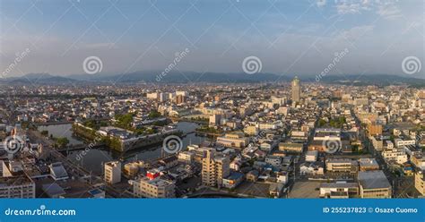 Panoramic Aerial View Of Japanese Castle And Imabari City Center Stock