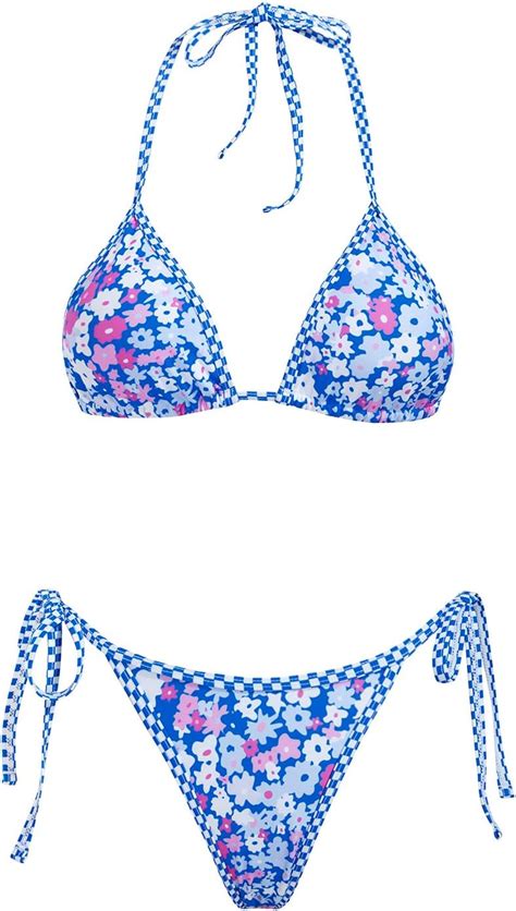 Amazon Volafa Women S Triangle Bikini Set String Swimsuit Print Tie Smocked Ruched Two