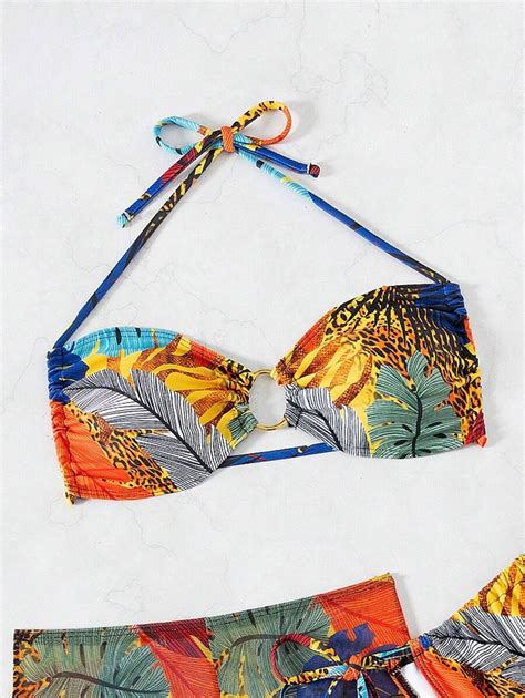 3 Piece Tropical Plant Leopard Print Halter Neck Bikini Swimwear Set