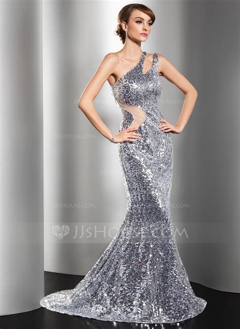 Trumpetmermaid One Shoulder Sweep Train Tulle Sequined Evening Dress