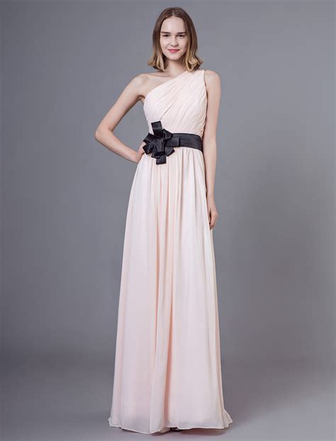 Robes de demoiselle d honneur longue en mousseline de soie une épaule Nude Bows rez de chaussée