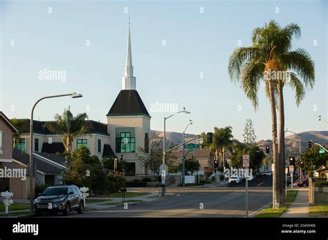 Twilight view of the downtown skyline of Brea, California, USA Stock