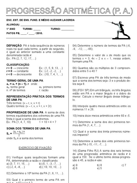 Atividades Sobre Progressão Aritmética - PROGRESSÃO ARITMÉTICA | Objetos Matemáticos | Física e matemática