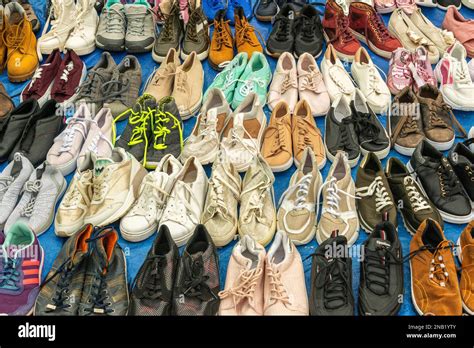 brands  types  shoes displayed   marketplace stock photo