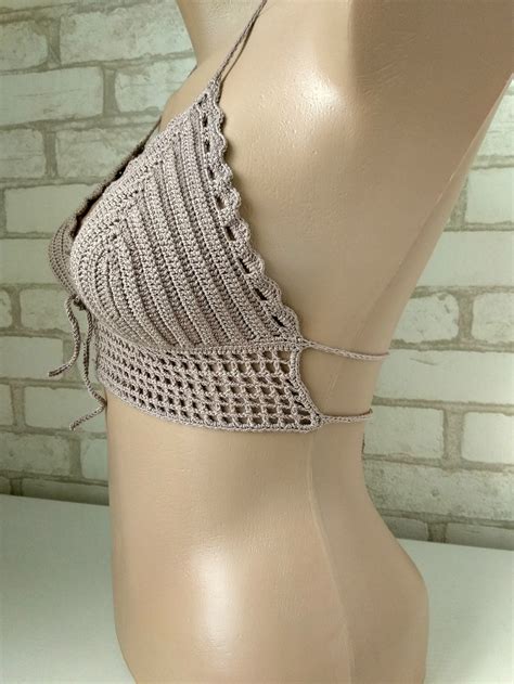 Beige Crochet Swim Bra Beige Bikini Top Mesh Nude Beach Top Mesh Sexy Top Sexy Womens Swim