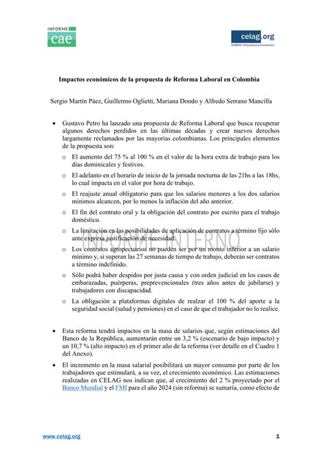 Pdf Impactos Econ Micos De La Propuesta De Reforma Laboral En Colombia