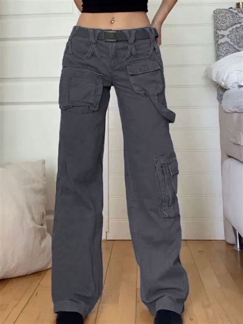 Emmiol Free Shipping Strap Detail Pocket Cargo Jeans Gray S In