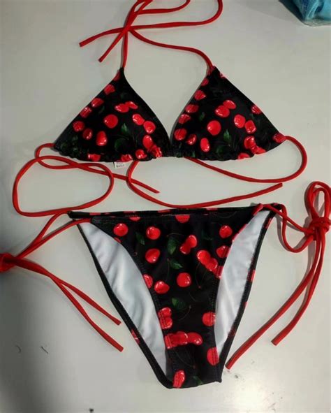 Bikini Red Sexy Three Point Lace Up Cherry Print Small Fresh And Cute On Luulla