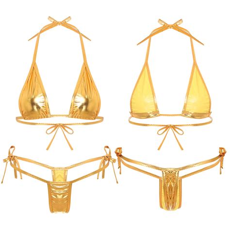 Yhong Womens Two Piece Bathing Suit Metallic Swimwear Halter String Triangle Bikini Sets