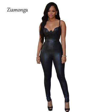 Sexy Deep V Neck Bodycon Jumpsuits Women 2017 Faux Leather Rompers