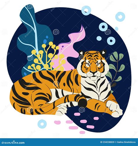 Amur Tiger Lies In Plants And Algae Isolated On White Background