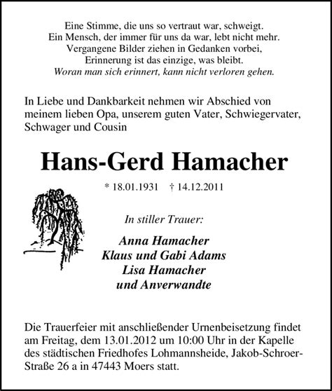 Traueranzeigen Von Hans Gerd Hamacher Trauer In NRW De