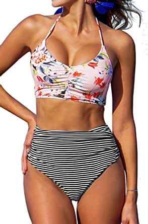 Amazon Cupshe Women S This Is Love High Waisted Lace Up Halter Bikini Set Pink X Small