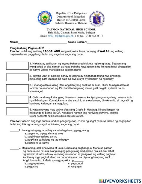 Pagsunod at paggalang sa magulang worksheet