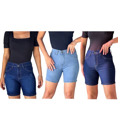 Bermuda Meia Coxa Jeans Cintura Alta Lycra Hot Pants Levanta Bumbum Shopee Brasil