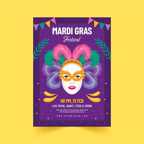 Modelo de cartaz vertical de festival de mardi gras plano Vetor Grátis