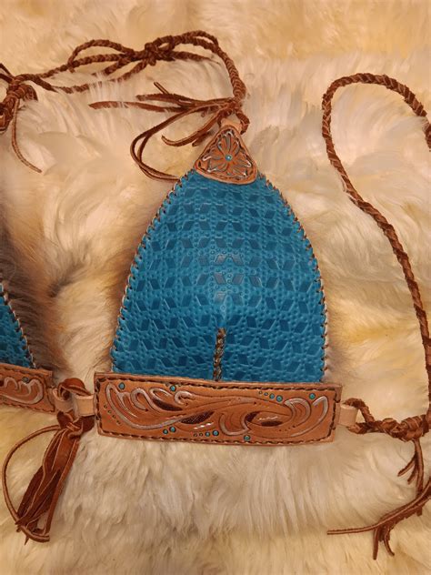 Custom Hand Tooled Leather Fox Fur Deerskin Leather Bikini Top For Festival Costume Play Etsy