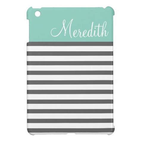 Aqua And Charcoal Preppy Stripes Custom Monogram Ipad Mini Covers