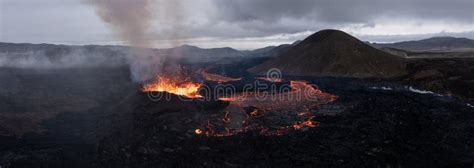 Aerial Panoramic View Of Volcano Eruption Litli Hrutur Hill Stock