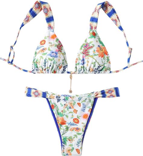 Amazon Makemechic Women S Floral Print Piece Bikini Sets Tie Back Triangle Thong Bathing