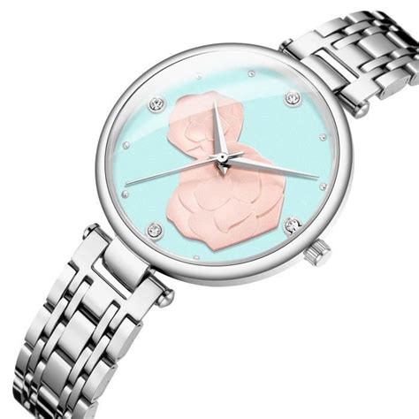 Montre Femme De Marque Sharphy Diamants Acier Motif Fleur Tanche Bleu