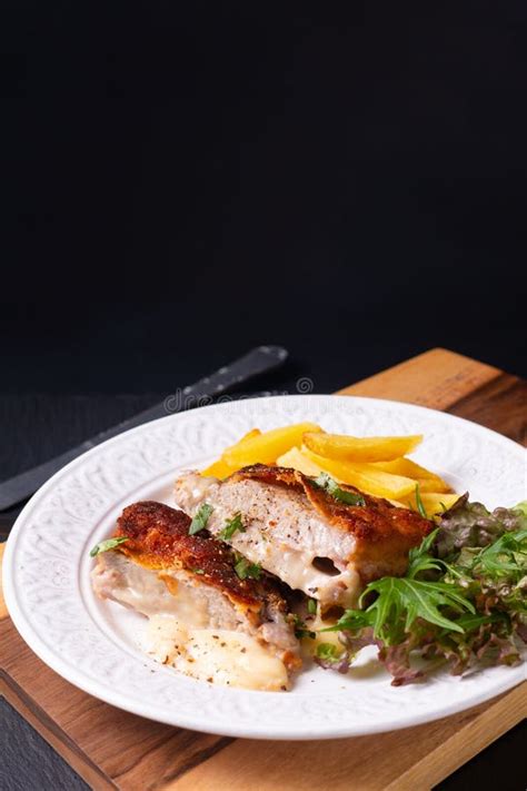 Food Concept Homemade Veal Cordon Bleu With Salad And French Fried In