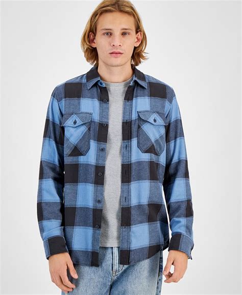 Sun Stone Mens Charles Regular Fit Plaid Button Down Flannel Shirt